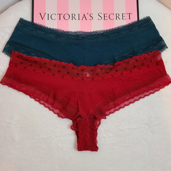 Victoria's Secret 2pk Lace Trim Cotton Cheeky Panties Size Lg Green Red Dots - Picture 1 of 6